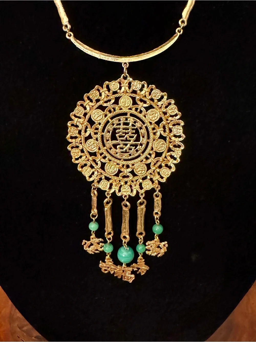 Vintage 1960s Goldette New York Signed Gold Tone Asian Runway Necklace Perfect!